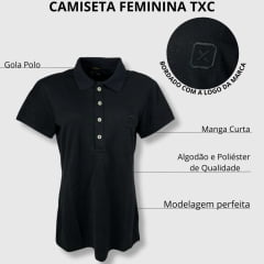 Camisa Polo Feminina TXC Custom Manga Curta Preto Com Bordado