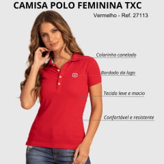 Camisa Polo Feminina TXC Custom Manga Curta Vermelho Bordado Logo Verde Claro - Ref.27113