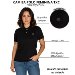 Camisa Polo Feminina TXC Custom Slim Piquet Manga Curta Preto Com Logo Strass Ref:27345
