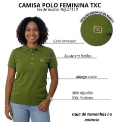 Camisa Polo Feminina TXC Custom Slim Piquet Manga Curta Verde Militar Com Logo Bordado CruRef:27113