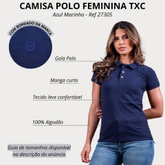Camisa Polo Feminina TXC Manga Curta Custom Slim Azul Marinho Com Logo Bordada Ref:27305