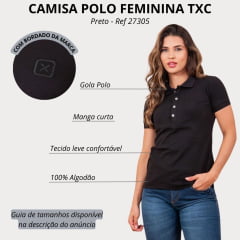 Camisa Polo Feminina TXC Manga Curta Custom Slim Preto Com Logo Bordada Ref:27305