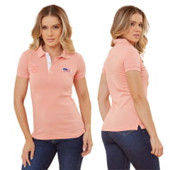 Camisa Polo Feminina TXC Rosa Custom Slim Manga Curta Com Logo Bordada em Rosa Ref.27216