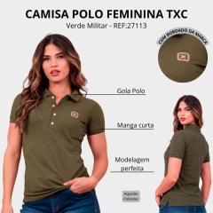 Camisa Polo Feminina TXC Slim Piquet Manga Curta Verde Militar Logo Bege Escuro REF:27113