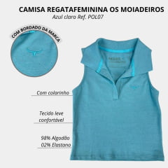 Camisa Regata Polo Feminina Os Moiadeiros Azul Claro Cropped Com Logo Bordada Ref:POLO07