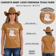 Camiseta Feminina Texas Farm Baby Look Roots E Boots Marrom Cappuccino Estampa Off White REF:CF372