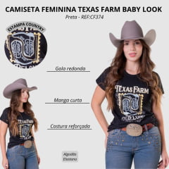Camiseta Feminina Texas Farm Baby Look Stamp Preta Estampada REF:CF374
