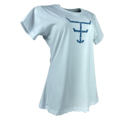 Camiseta Babylook Feminina Texas Farm Branca Manga Curta Com Logo Azul De Flores Ref: CF268