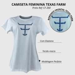 Camiseta Babylook Feminina Texas Farm Branca Manga Curta Com Logo Azul De Flores Ref: CF268