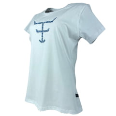 Camiseta Babylook Feminina Texas Farm Branca Manga Curta Com Logo Azul De Flores Ref: CF268