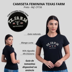 Camiseta Babylook Feminina Texas Farm Preta Manga Curta Com Logo Grande Em Branco Ref:CF156