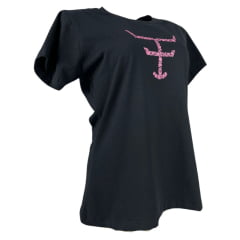 Camiseta Babylook Feminina Texas Fram Preta Manga Curta Com Logo Rosa De Flores Ref: CF268