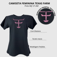 Camiseta Babylook Feminina Texas Fram Preta Manga Curta Com Logo Rosa De Flores Ref: CF268