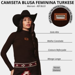 Camiseta Feminina Turkese Brown Manga Longa Tecido Marrom Canelada Gola Alta EF:BL03