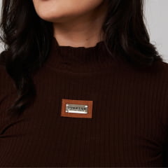 Camiseta Feminina Turkese Brown Manga Longa Tecido Marrom Canelada Gola Alta EF:BL03