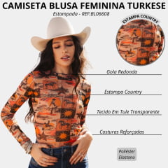 Camiseta Feminina Turkese Tule Space Cowgirl Estampada Manga Longa De Gola Alta REF:BL06608