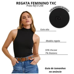 Regata Feminina TXC Viscose Preta Gola Alta Com Logo Bordado Ref:51298