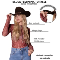 Camiseta Feminina Turkese De Tule Texas Holdem Manga Longa E Gola Bordô Estampado Ref:BL11504