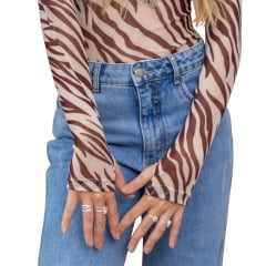 Camiseta Feminina Turkese De Tule Zebra Print Marrom E Bege Manga Longa E Gola Alta Ref:BL11506