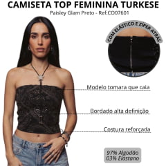 Corselet Feminino Turkese Paisley Glam Preto Zíper Bordado Brilho Total Ref:CO07601