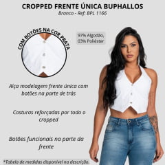 Camiseta Cropped Feminina Buphallos Branco Frente Única com Botões Prata Ref:BPL1166