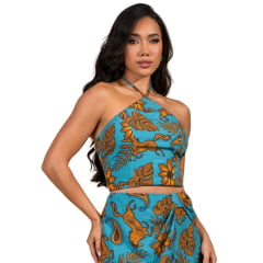 Cropped Feminino Buphallos Estampado Azul E Caramelo Frente Única Ref: BPL1418