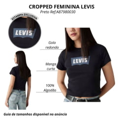 Camiseta Cropped Feminina Levi's Manga Curta Preto Com Logo Estampado em Branco/Azul Ref:A87980030