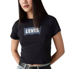 Camiseta Cropped Feminina Levi's Manga Curta Preto Com Logo Estampado em Branco/Azul Ref:A87980030