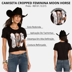 Cropped Feminino Moon Horse Flor De Cactus Preto Estampa Tachinha E Estrelas Prata REF:01.13.515