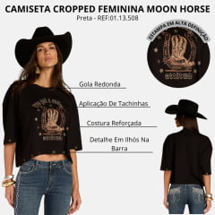 Cropped Feminino Moon Horse Over Preto Estampa Bordado Tachinhas Detalhe Ilhós REF01.13.508