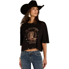 Cropped Feminino Moon Horse Over Preto Estampa Bordado Tachinhas Detalhe Ilhós REF01.13.508