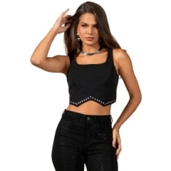 Cropped Feminino Stabulos Preto Alças Recorte Detalhe Tachinhas Prata Ref:STB658 Cropped Feminino Stabulos Preto Alças Recorte Detalhe Tachinhas Prata Ref:STB658