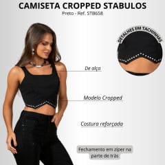 Cropped Feminino Stabulos Preto Alças Recorte Detalhe Tachinhas Prata Ref:STB658