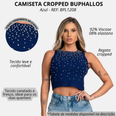 Camiseta Cropped Feminino Buphallos Azul Sem Manga Com Bordado De Strass Ref: BPL1208