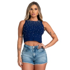 Camiseta Cropped Feminino Buphallos Azul Sem Manga Com Bordado De Strass Ref: BPL1208