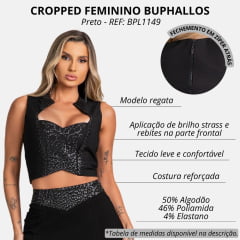 Camiseta Cropped Feminino Buphallos Preto Com Brilhos Na Frente E Decote Coração REF: BPL1149