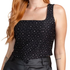 Camiseta Cropped Feminino Miss Country Com Alças Largas Preto Com Strass E Zíper Ref:3288