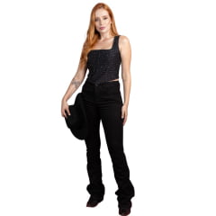 Camiseta Cropped Feminino Miss Country Com Alças Largas Preto Com Strass E Zíper Ref:3288