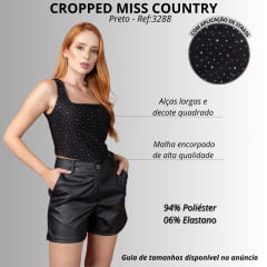 Camiseta Cropped Feminino Miss Country Com Alças Largas Preto Com Strass E Zíper Ref:3288