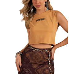 Camiseta Cropped Feminino Moon Horse Cor Caramelo Estampado Cowgirl Com Franja Nas Costas Ref:01-10-396