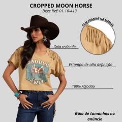 Camiseta Cropped Feminino Moon Horse Saddle Bege Escuro Estampada Sela Franjas Nos Ombros Ref:01.10-413