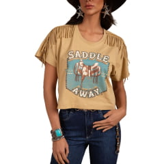Camiseta Cropped Feminino Moon Horse Saddle Bege Escuro Estampada Sela Franjas Nos Ombros Ref:01.10-413