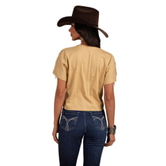 Camiseta Cropped Feminino Moon Horse Saddle Bege Escuro Estampada Sela Franjas Nos Ombros Ref:01.10-413