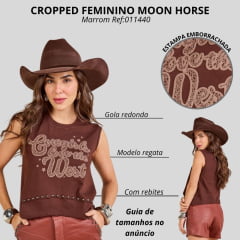 Cropped Feminino Moon Horse West Marrom Estampada Com Detalhe Pedraria Ref:0111440