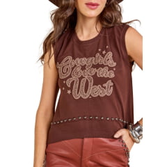 Cropped Feminino Moon Horse West Marrom Estampada Com Detalhe Pedraria Ref:0111440