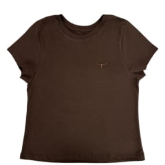 Camiseta Cropped Feminino Os Moiadeiros Manga Curta Básica Marrom Café Com Logo Bordado Ref:CRMF18
