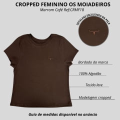 Camiseta Cropped Feminino Os Moiadeiros Manga Curta Básica Marrom Café Com Logo Bordado Ref:CRMF18