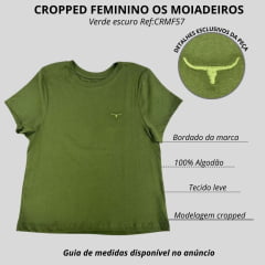 Camiseta Cropped Feminino Os Moiadeiros Manga Curta Básica Teen Verde Escuro Com Logo Bordado Ref:CRMF57