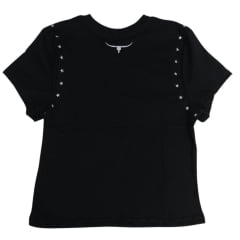 Camiseta Cropped Feminino Os Moiadeiros Manga Curta Preta Com Bordado Estrelas E Estampado Logo Cinza Ref:CRMF60