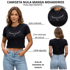 Cropped Feminino Os Moiadeiros Manga Curta Preto Estampada Long Horn Branco Ref:CROP010